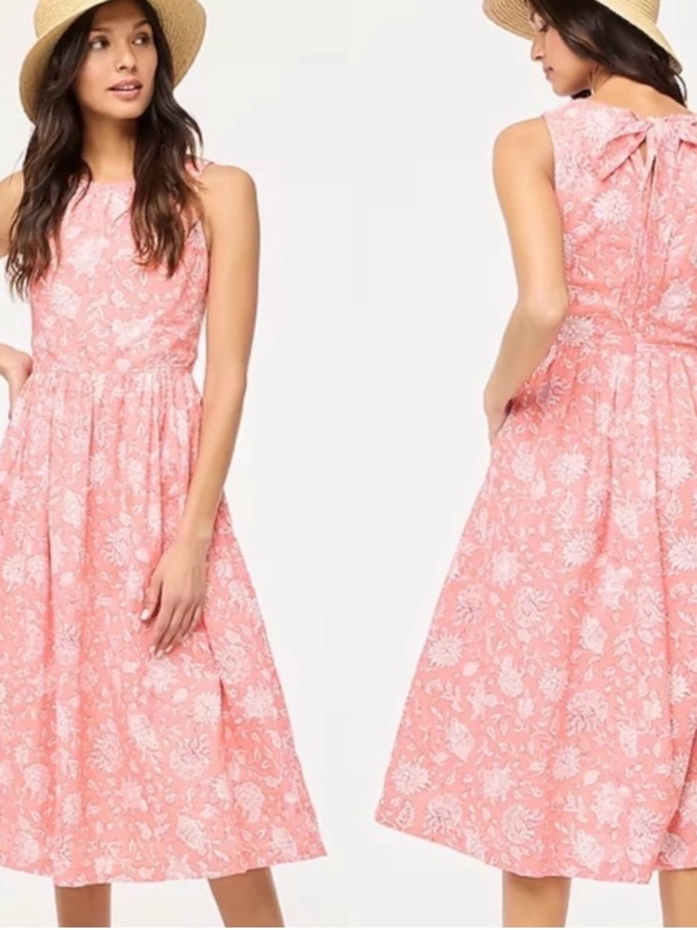 J. Crew Pink Floral Sleeveless Midi Dress with Back Bow